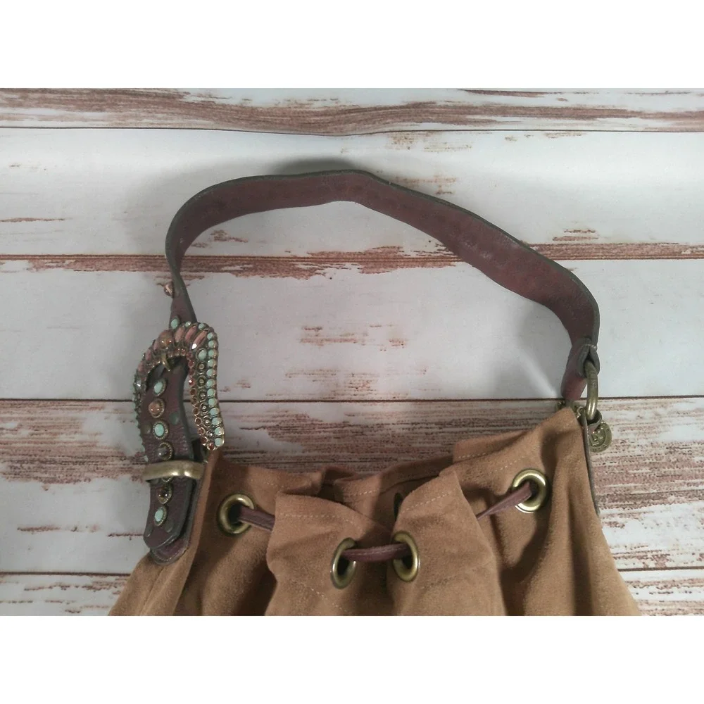 Leatherock Suede Slouchy Bucket Bag Brown Shoulder Handbag Drawstring Used